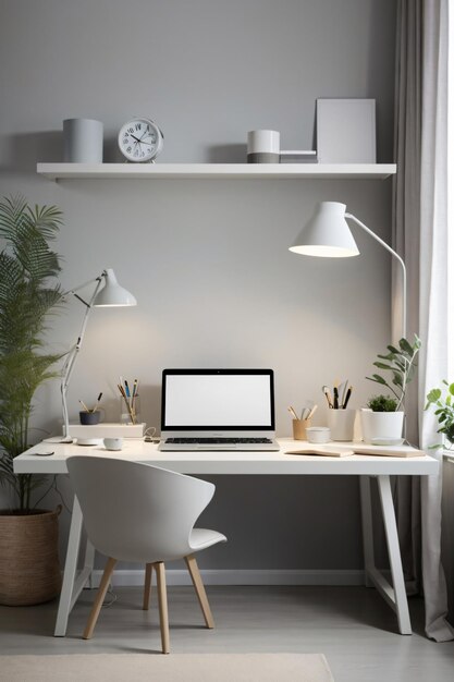 Minimal home office desk setup with grey neutral colors