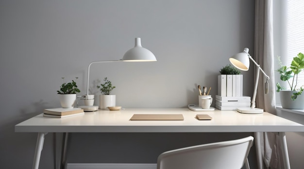 회색 중립 색으로 최소한의 홈 오피스 책상 설정