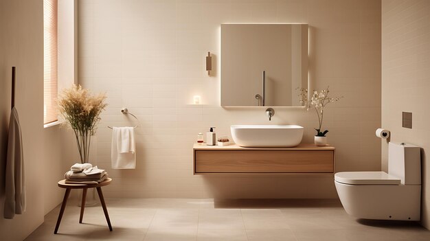 a minimal hotel bathroom with white square tile