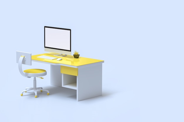 Photo minimal idea concept, computer mock-up on work desk yellow color