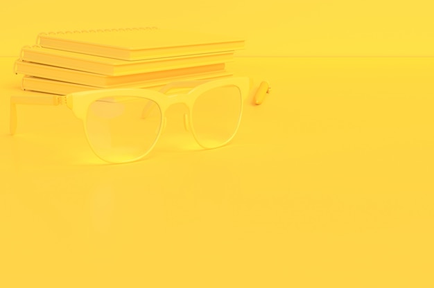 Minimal idea concept. Glasses on the desk with copy space for your text, 3D Render.