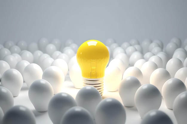 Minimal idea of yellow light bulb surrounded with white bulbs on white background