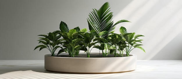 Minimal indoor garden design with green plant in circular pot on white stone floor