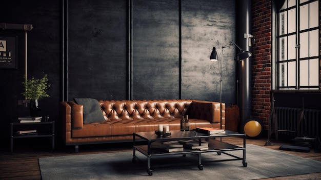 Minimal Industrial living room with black leather sofa metal accents and raw brick wall background The mood is edgy and modern Generative AI