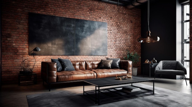 Photo minimal industrial living room with black leather sofa metal accents and raw brick wall background the mood is edgy and modern generative ai