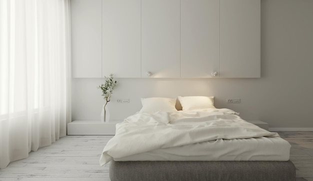 Camera da letto interna minima e finestra a forma di luce diurna 3d illustrazione