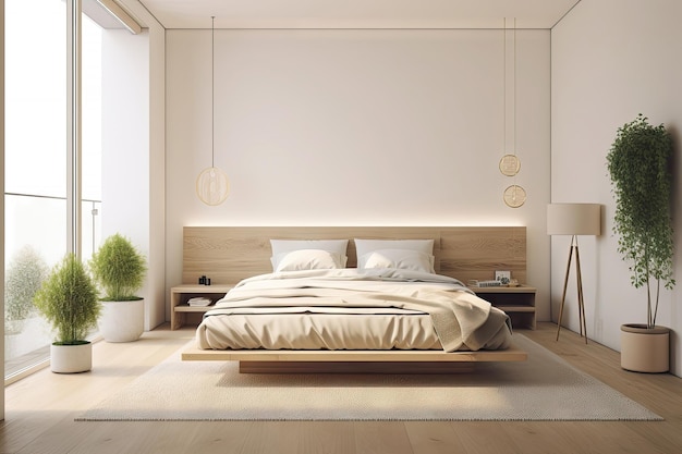 Minimal interior design bedroom with beige cozy tone style decorate with wooden bed Generative Ai