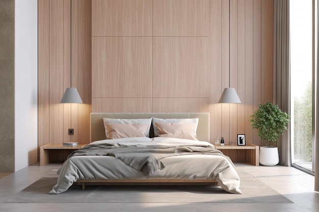 Minimal interior design bedroom with beige cozy tone style decorate with wooden bed Generative Ai