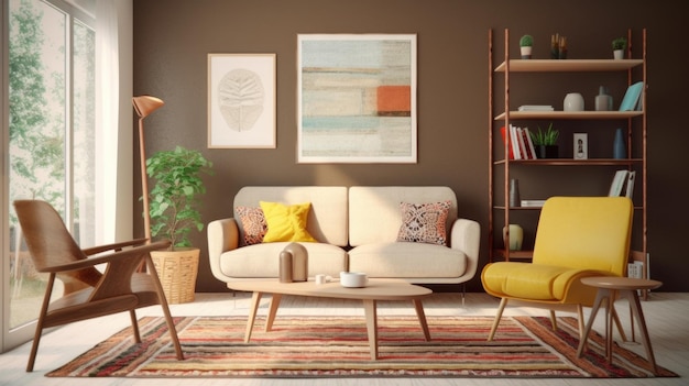 The minimal interior design of a beige tone color living room with picture frames on the wall and patterned carpet on the floor Generative AI AIG27