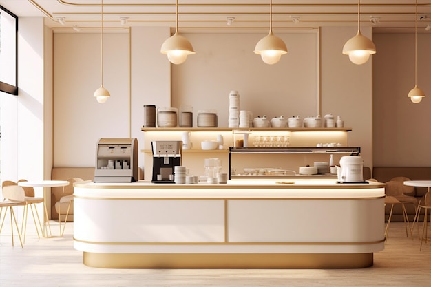 麗なミニマリストスタイルのカフェやカフェバーのインテリアデザイン