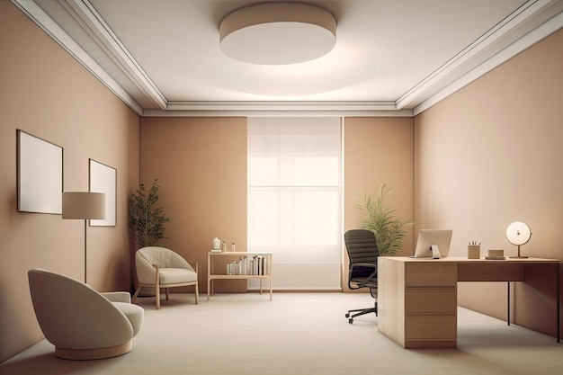 Minimal interior modern office space room with beige cozy tone style decorate Generative Ai