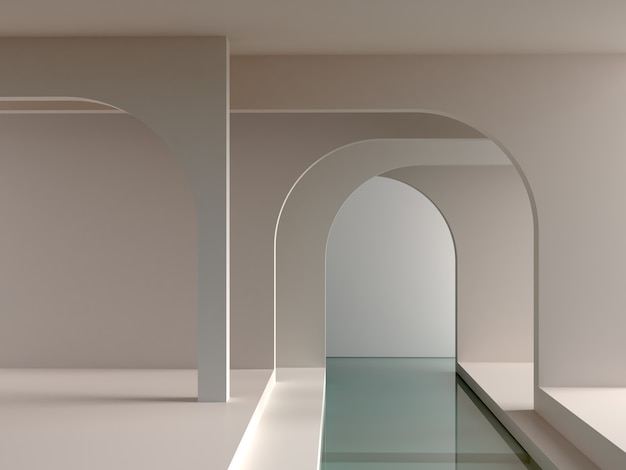 Minimal interior scene with minimalistic shapes arches in the background and water