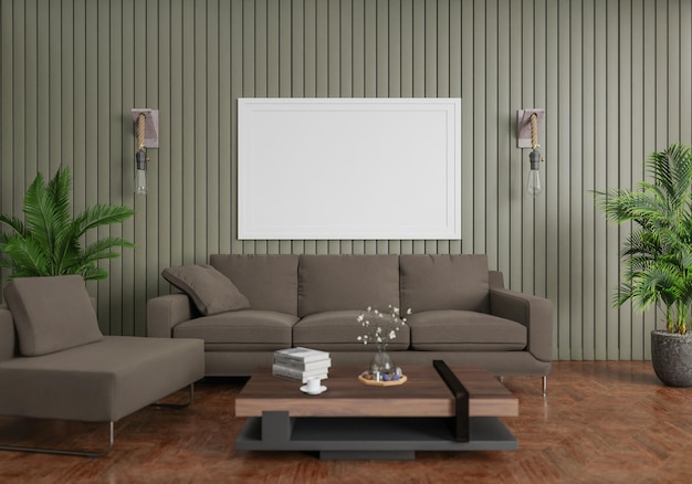 Minimal interior style poster Mock up the living room wall copy space 3D rendering