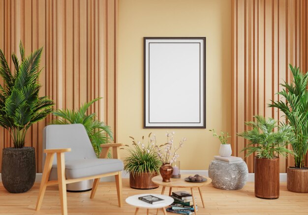 minimal interior style poster Mock up the living room wall copy space 3D rendering