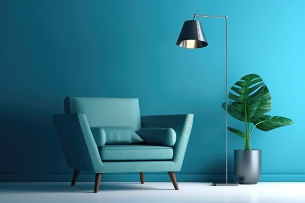 Photo minimal interior with blue soft chair and lamp ai generated