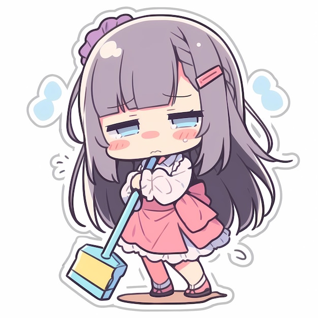 Minimal Japanese Crying Kawaii Maid Girl Sweeping Chibi Anime Vector Art Sticker with Clean Bold