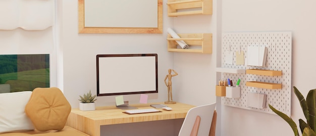 Minimal Japanese home working space interior with computer mockup and wood furniture in white room