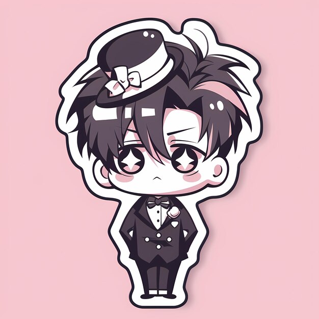 Minimal Japanese Kawaii Butler Boy Chibi Anime Vector Art Sticker with Clean Bold Line Cute Simple