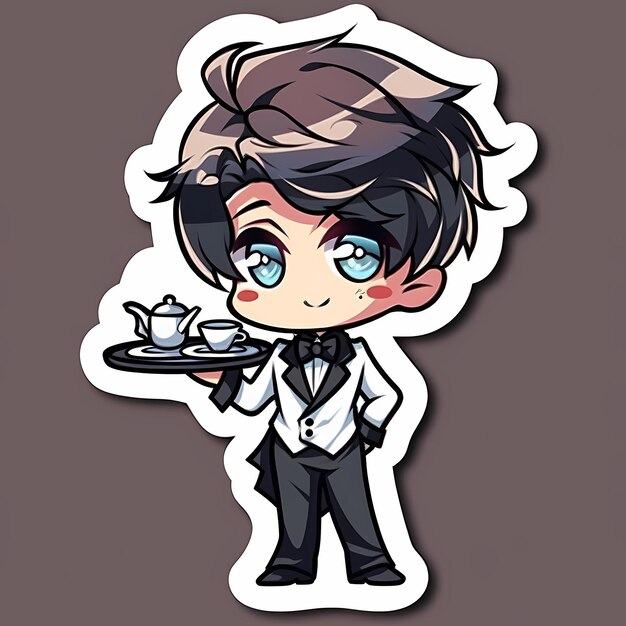 Минимальный японский Kawaii Butler Boy Chibi Anime Vector Art Sticker with Clean Bold Line Cute Simple