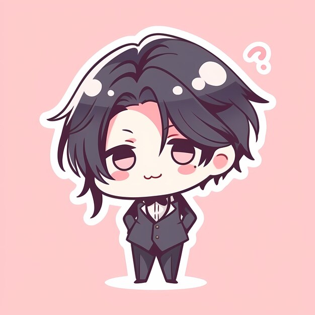 Минимальный японский Kawaii Butler Boy Chibi Anime Vector Art Sticker with Clean Bold Line Cute Simple