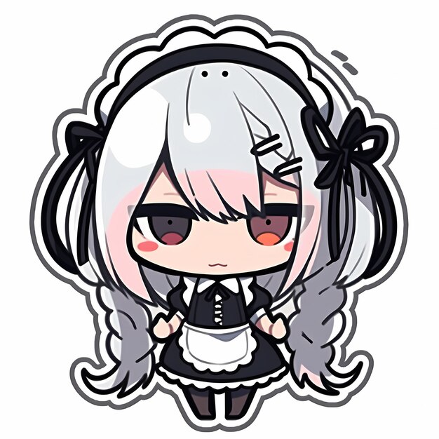 Минимальная японская наклейка Kawaii Chibi Maid Girl Anime Vector Art с чистой жирной линией Симпатичная простая