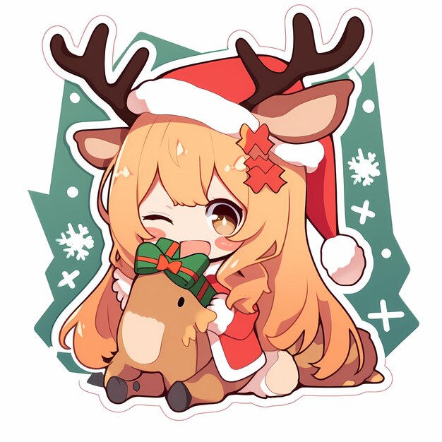 Minimal Japanese Kawaii Christmas Deer Girl Chibi Anime Vector Art Sticker with Clean Bold Line