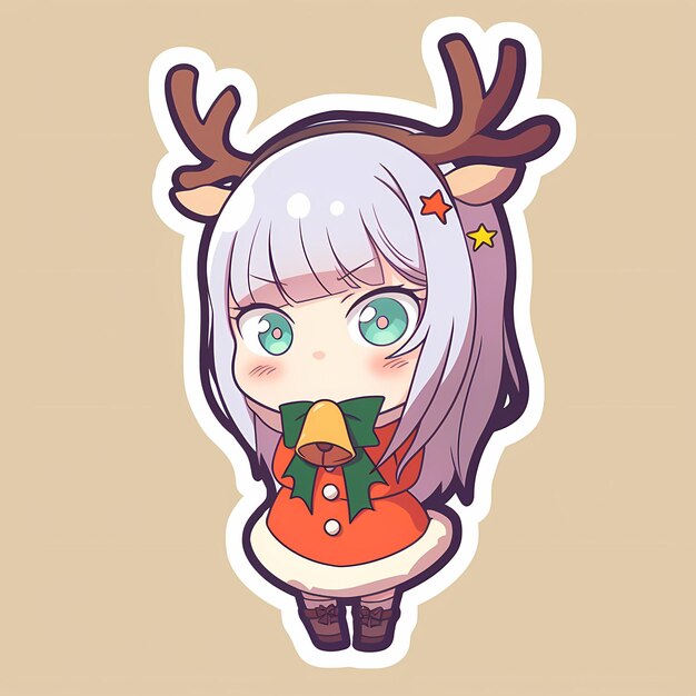 Minimal japanese kawaii christmas deer girl chibi anime vector art sticker with clean bold line