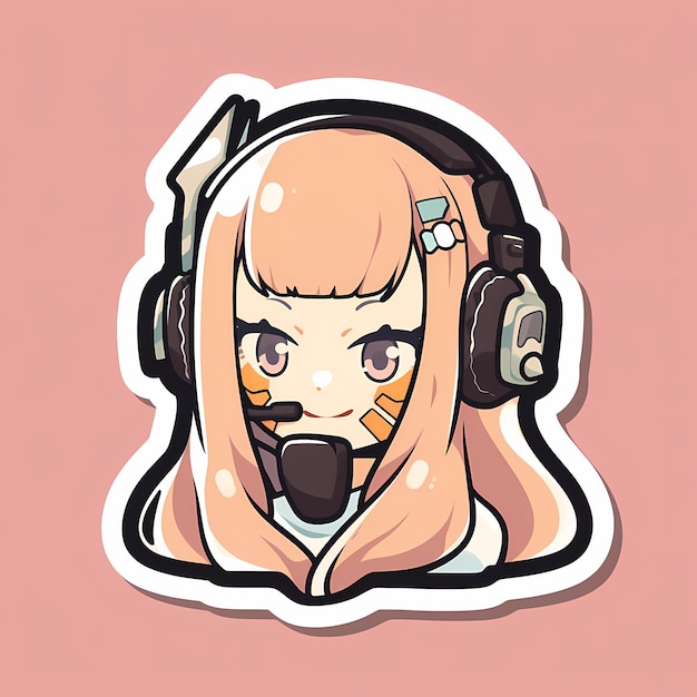 Минимальный японский Kawaii Gamer Girl Chibi Anime Vector Art Sticker with Clean Bold Line Cute Simple