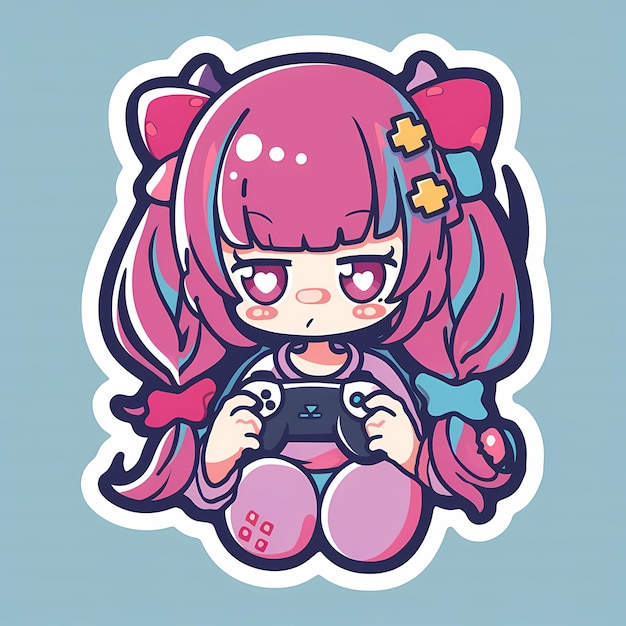 Minimal japanese kawaii gamer girl chibi anime vector art sticker with clean bold line cute simple