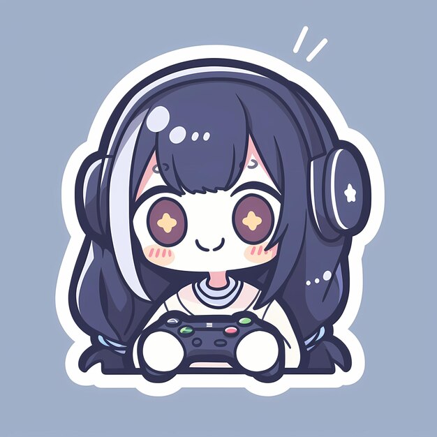 Minimal Japanese Kawaii Gamer Girl Chibi Anime Vector Art Sticker with Clean Bold Line Cute Simple