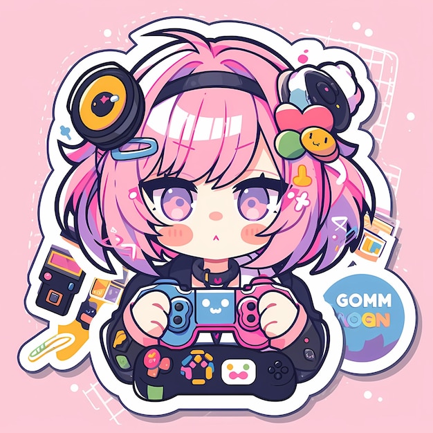 Минимальный японский Kawaii Gamer Girl Chibi Anime Vector Art Sticker with Clean Bold Line Cute Simple