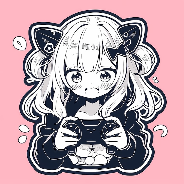 Минимальный японский Kawaii Gamer Girl Chibi Anime Vector Art Sticker with Clean Bold Line Cute Simple