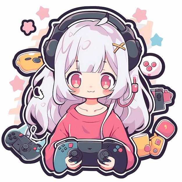 Минимальный японский Kawaii Gamer Girl Chibi Anime Vector Art Sticker with Clean Bold Line Cute Simple