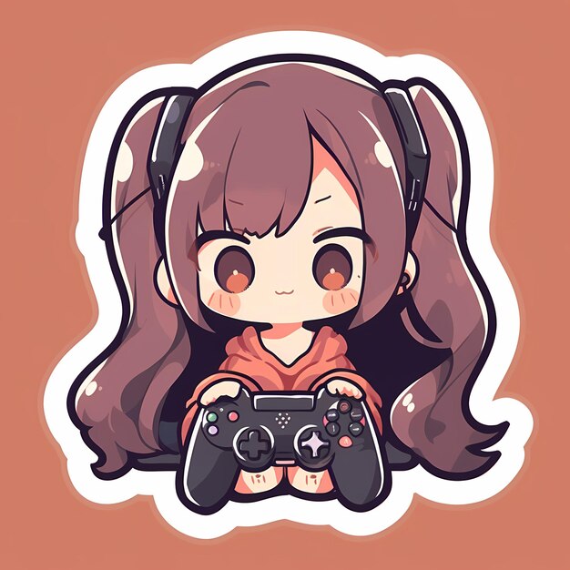 Минимальный японский Kawaii Gamer Girl Chibi Anime Vector Art Sticker with Clean Bold Line Cute Simple