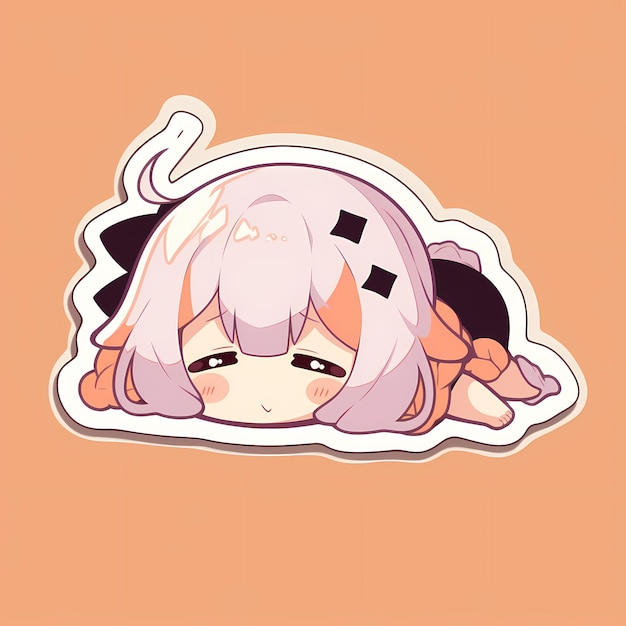 Minimal japanese kawaii sleepy lazy girl chibi anime vector art sticker with clean bold line cute