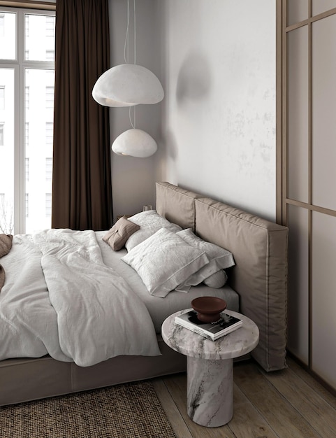 Foto minimal giapponese camera da letto interno letto con coperta e cuscini tappeto su pavimento in legno duro modello vuoto