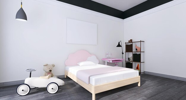 Minimal kids bedroom interior design with blank photo frame mockup kids bed study table toy car