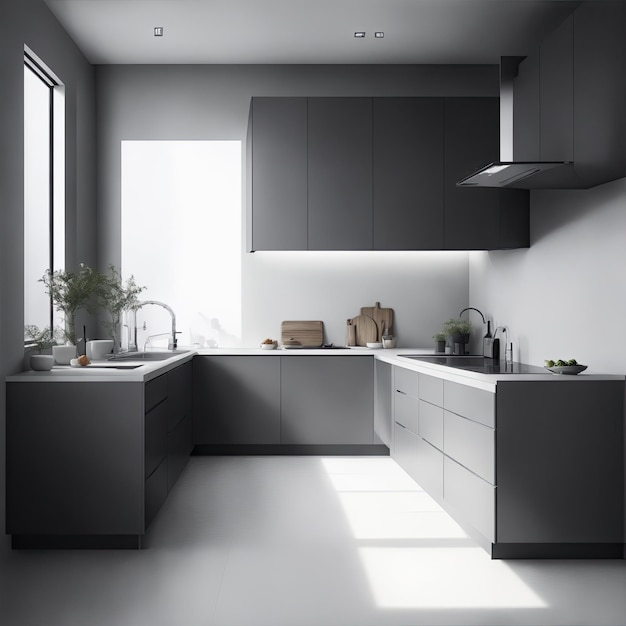 Minimal kitchen with gray cabinets and window interior design