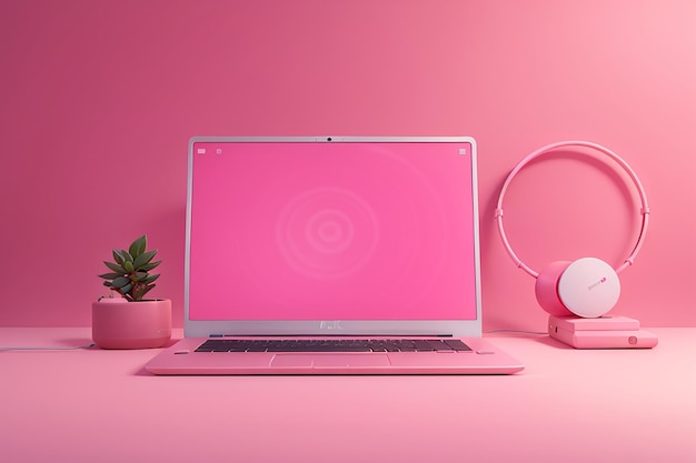 Foto modello minimo di laptop su sfondo rosa