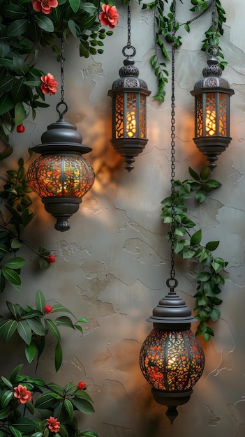 minimal light background with 3d traditional lanterns on the top corner Ramadan vibes
