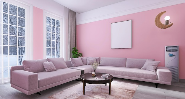 Minimal living room interior design scene with pink sofa pink\
background coffee table photo frame