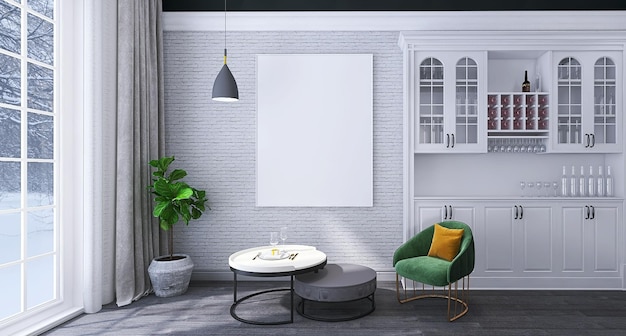 사진 프레임 모형 소파 바 캐비닛 커튼 테이블이있는 최소한의 거실 인테리어 디자인