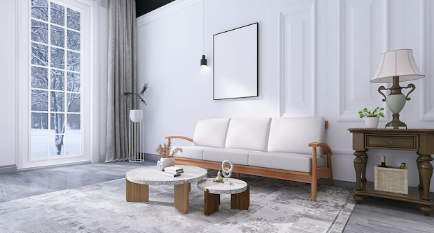 Минималистичный дизайн интерьера гостиной с фоторамкой, макет дивана, журнальный столик, белый фон