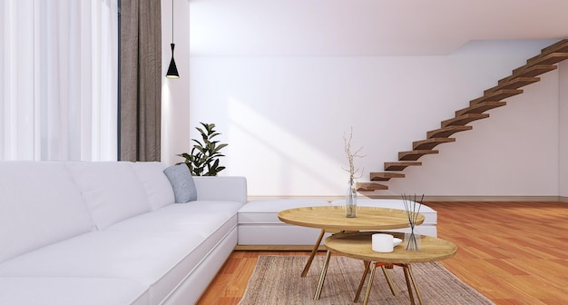 Minimal living room interior design with sofa coffee table and\
stairs