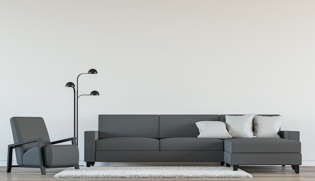 minimal living room interior with black and white 3d render