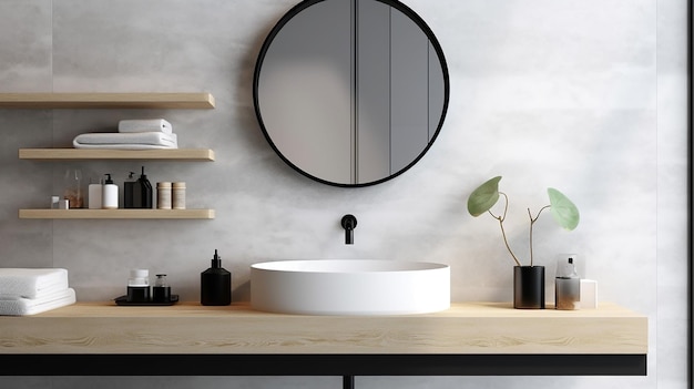 Minimal loft white marble bathroom vanity counter podium Generative AI