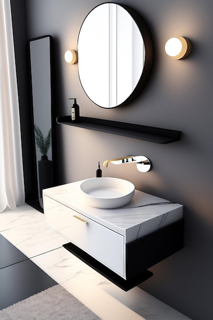 白い大理石の浴室 洗面台 ポリッシュしたセメントの壁 円形のセラミック洗面台