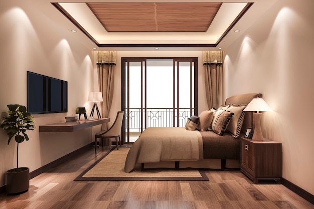 Minimal luxury asian style bedroom suite in hotel with tv