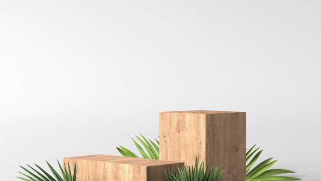 最小限の豪華な茶色の細かい木箱表彰台と白い背景の緑の葉