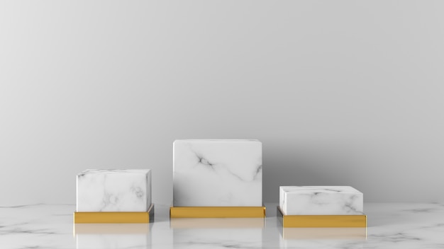 Minimal luxury three white Marble box showcase podium in white background